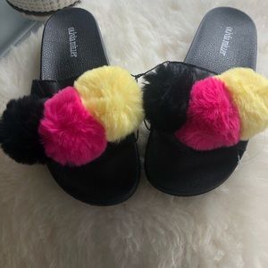Olivia Miller Multicolored Pom Faux Fur Slide